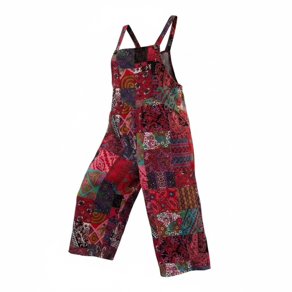 Boho Hippie Multicolor Patchwork Jumper Overalls Women's  Large Bibs